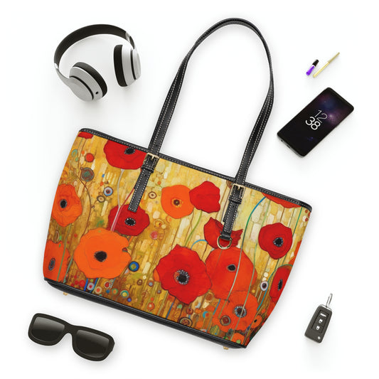 Floral Symphony: PU Leather Shoulder Bag showcasing Gustav Klimt's Poppies in Art Nouveau