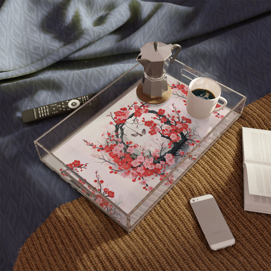 Cherry Blossom Delight: Acrylic Serving Tray Adorned with Intricate Flower Drawings and Artistry