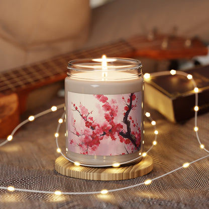 Artistic Floral Elegance: Scented Soy Candle Showcasing Exquisite Cherry Blossom Renderings