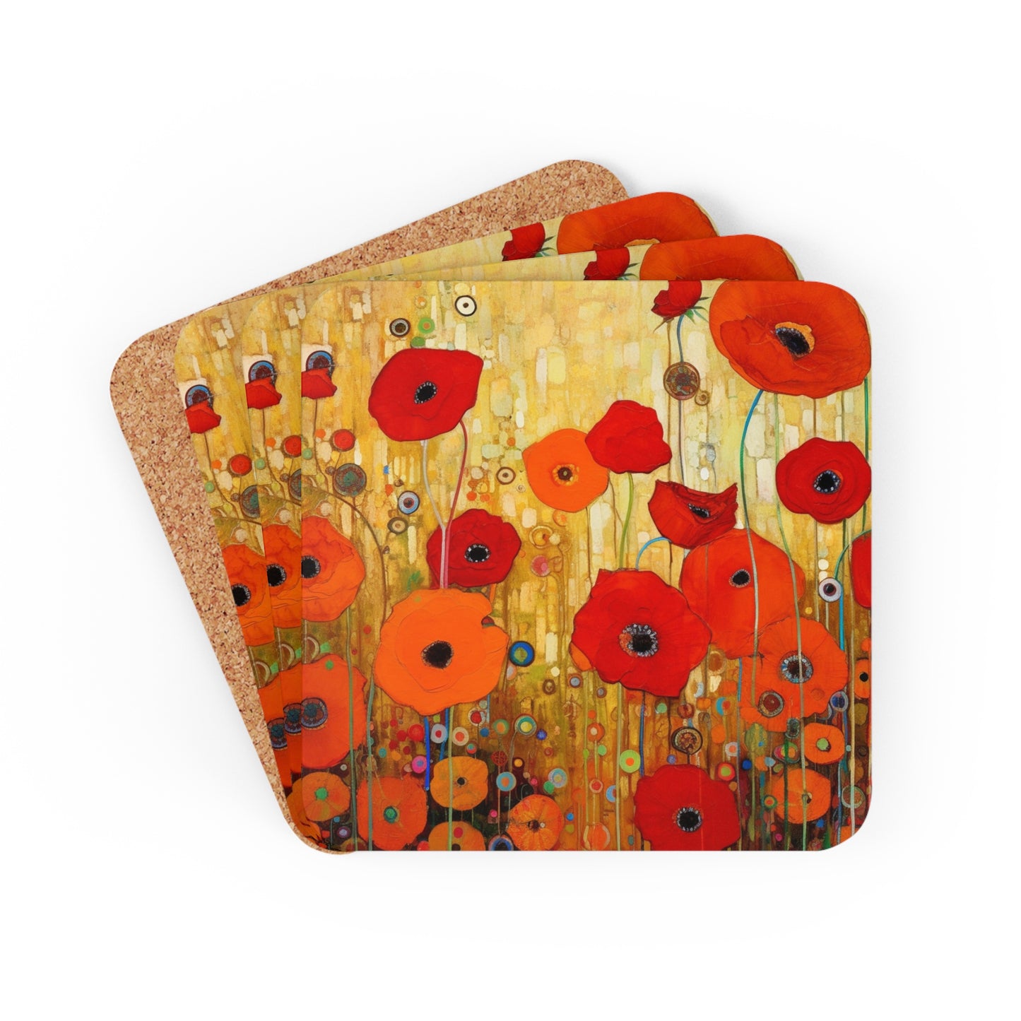 Floral Symphony: Corkwood Coaster Set showcasing Gustav Klimt's Poppies in Art Nouveau