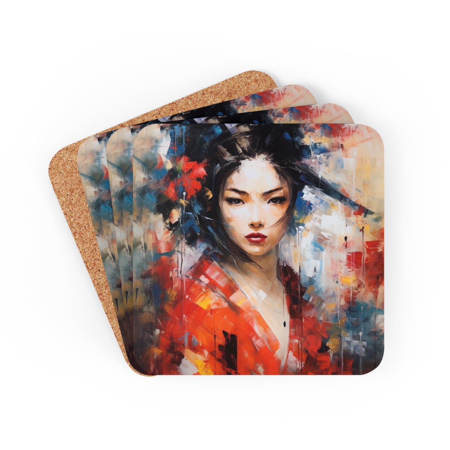 Abstract Geisha Art Corkwood Coaster Set: Captivating Brushstrokes in a Japanese Aesthetic