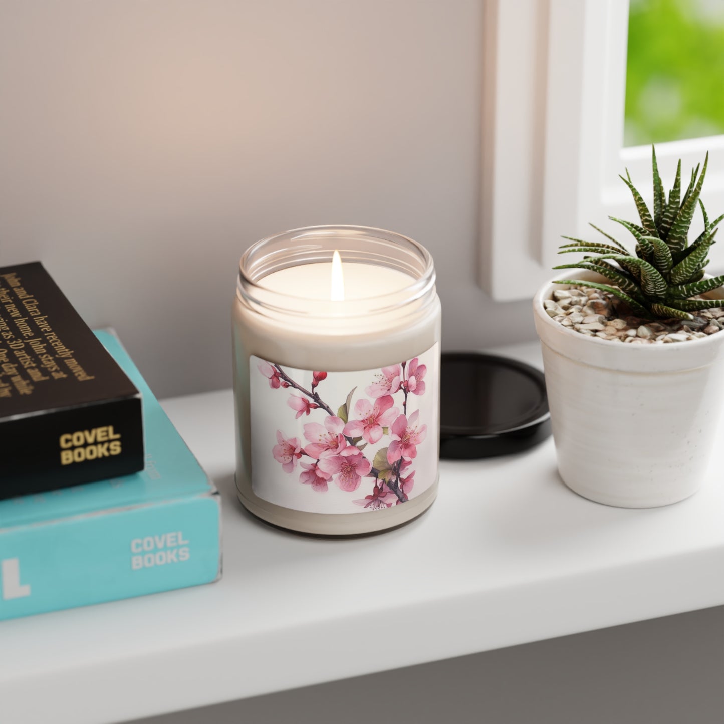 Artistic Flourish: Floral Watercolor Cherry Blossom Scented Soy Candle