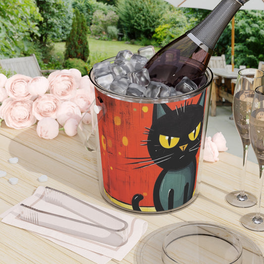 Fashionably Retro Feline: Midcentury Modern Ice Bucket with Tongs with a Vintage Cat-Inspired Flair