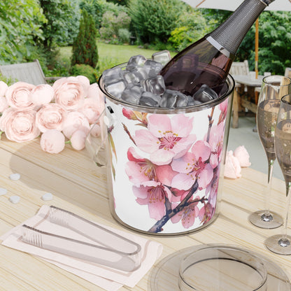 Whimsical Delight: Watercolor Cherry Blossom Tree Ice Bucket with Tongs