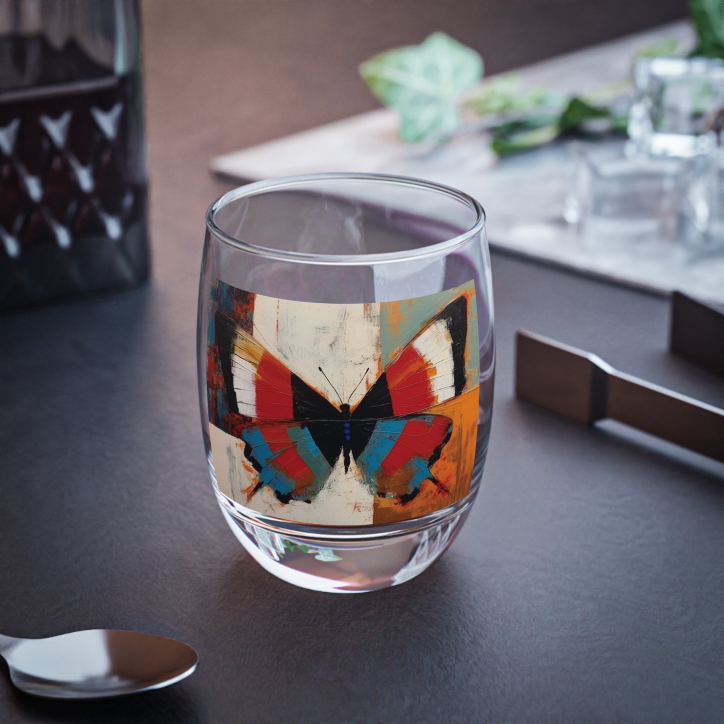 Bauhaus-Inspired Butterfly Symphony: Whiskey Glass with Vibrant Colors and Intricate Details