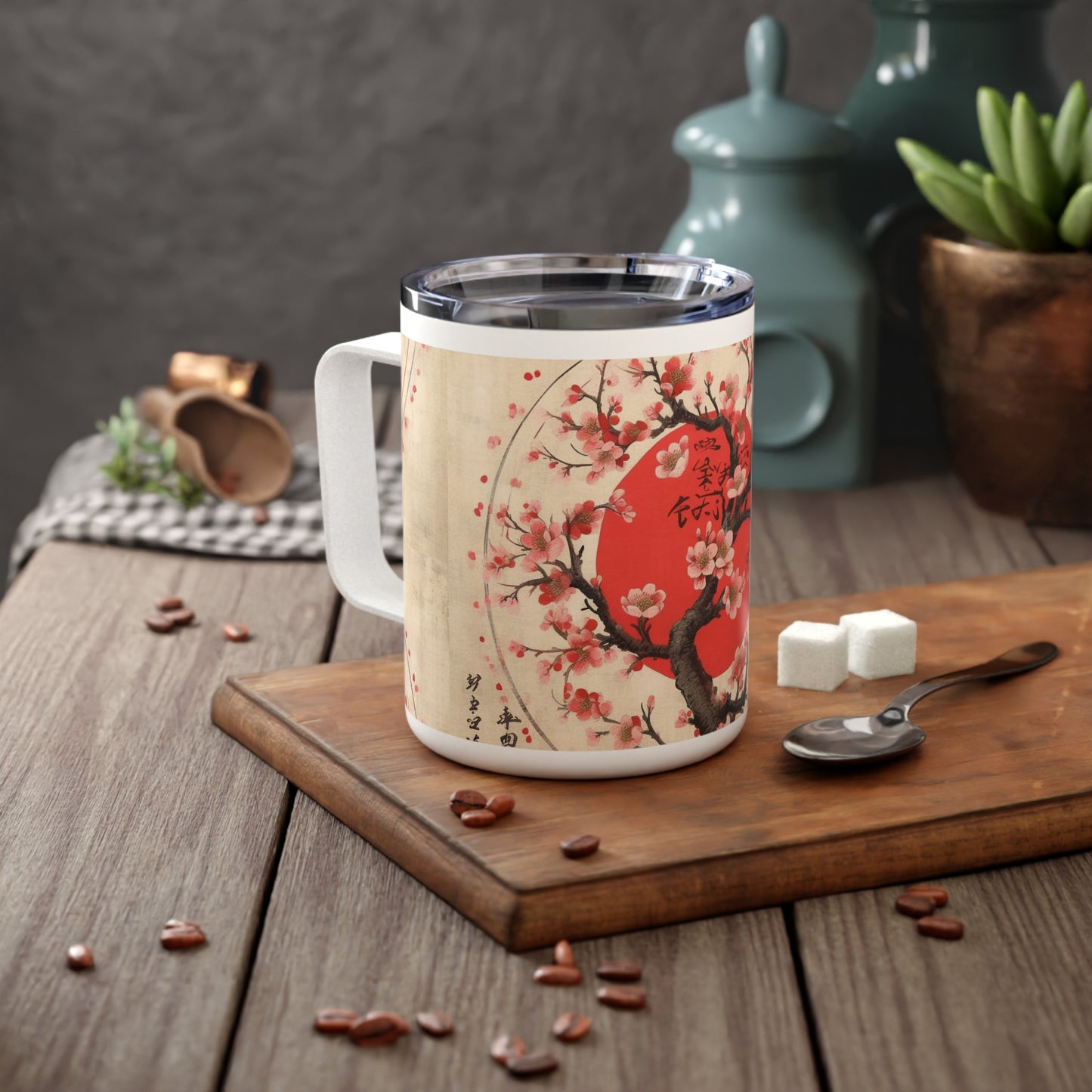 Nature's Brushstrokes: Insulated Coffee Mug Featuring Captivating Cherry Blossom Drawings