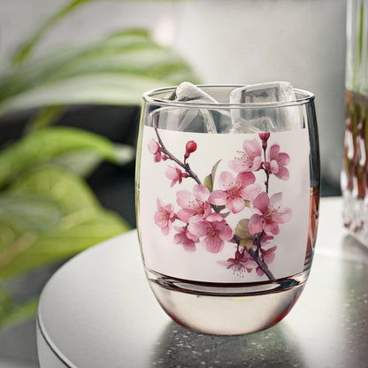 Artistic Flourish: Floral Watercolor Cherry Blossom Whiskey Glass