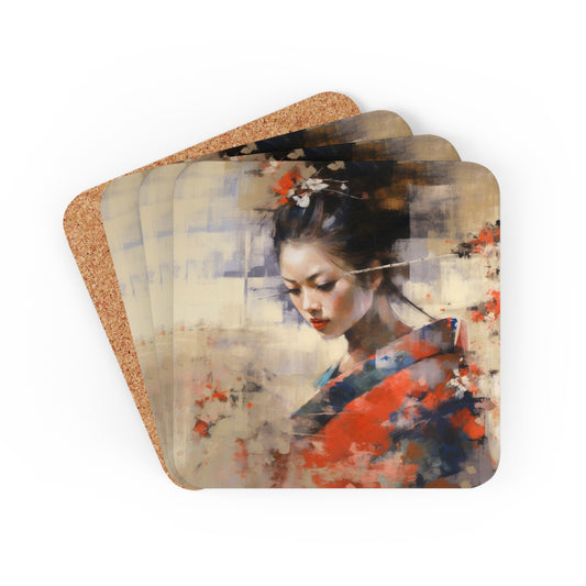 Japanese-Inspired Abstract Oil Painting Corkwood Coaster Set: Celebrating Geisha Beauty