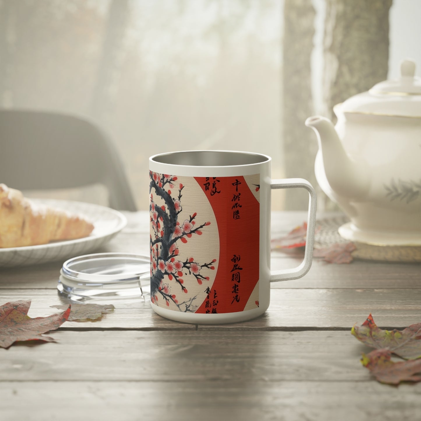 Cherry Blossom Elegance: Flower Drawings on Insulated Coffee Mug for Art Enthusiasts