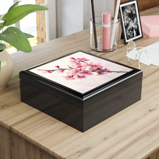 Artistic Flourish: Floral Watercolor Cherry Blossom Jewelry Box