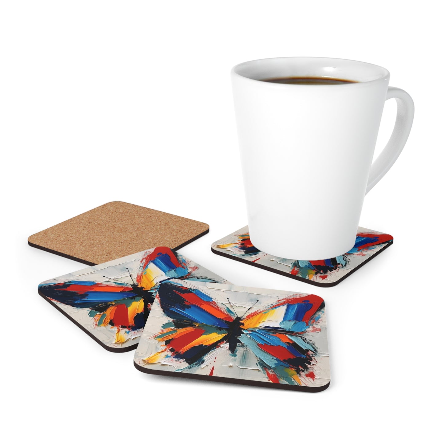 Abstract Corkwood Coaster Set for Art Lovers: Butterfly-Inspired Delight