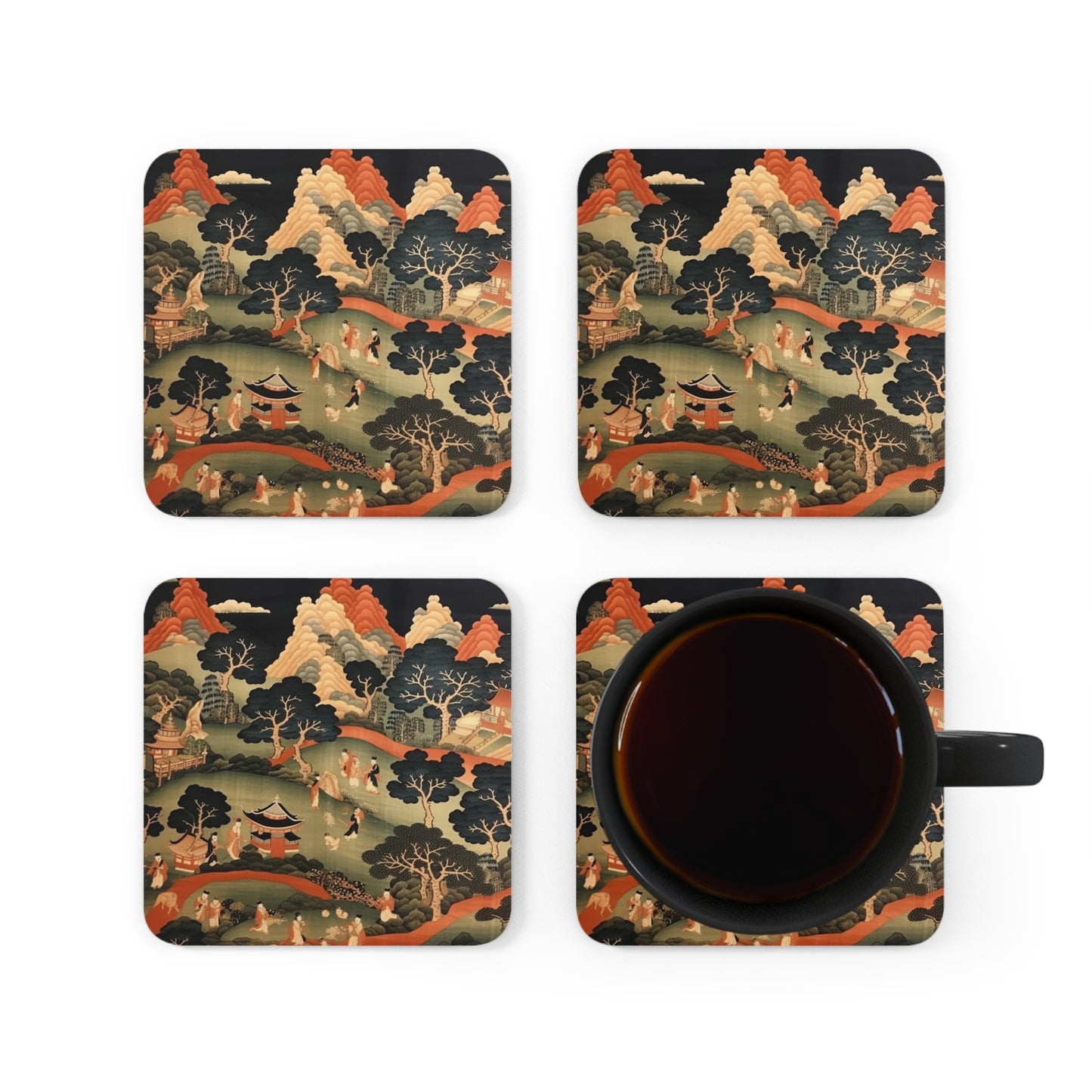 Tapestry Treasures: Japanese-inspired Corkwood Coaster Set for Art Lovers