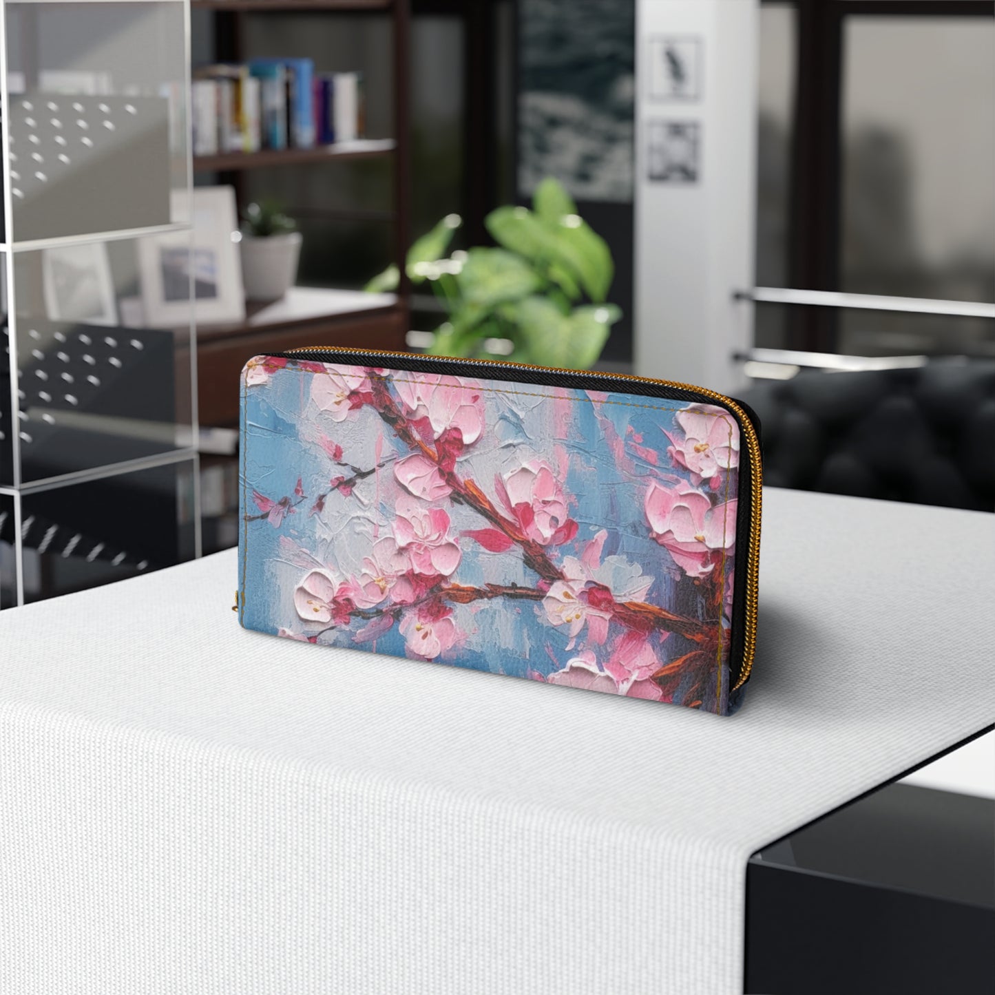 Zipper Wallet with Abstract Cherry Blossom Drawing: Embrace the Serenity