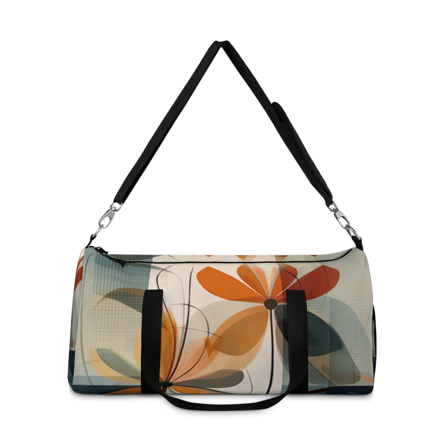 Botanical Chic: Flower Drawings and Minimalist Duffel Bag Design with Midcentury Flair