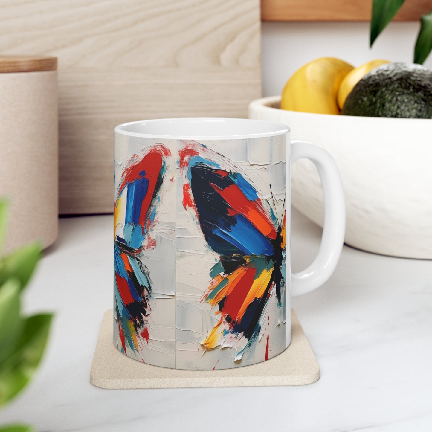 Abstract Butterfly Art on Ceramic Mug: A Contemporary Twist to Classic Symbolism