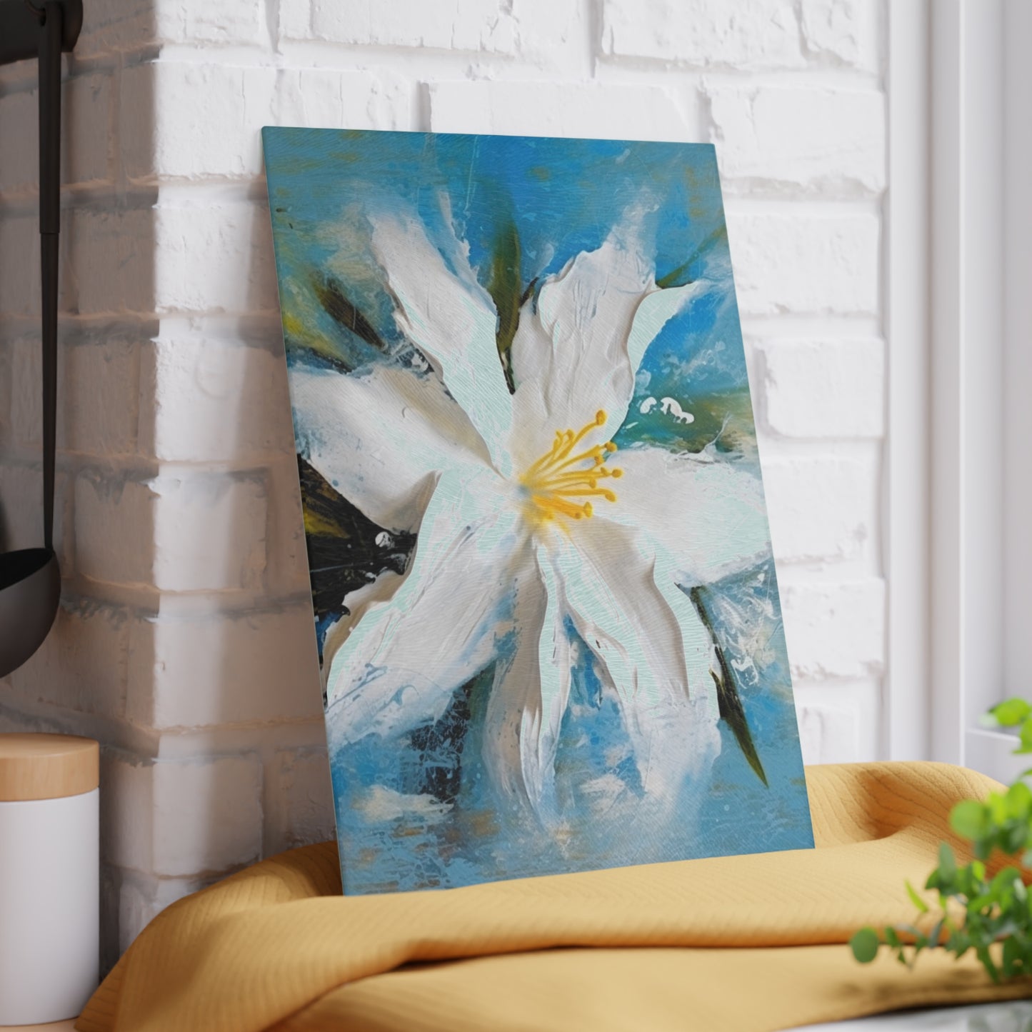 Ethereal Elegance: Glass Cutting Board featuring an Abstract Oil Painting of Jasmine