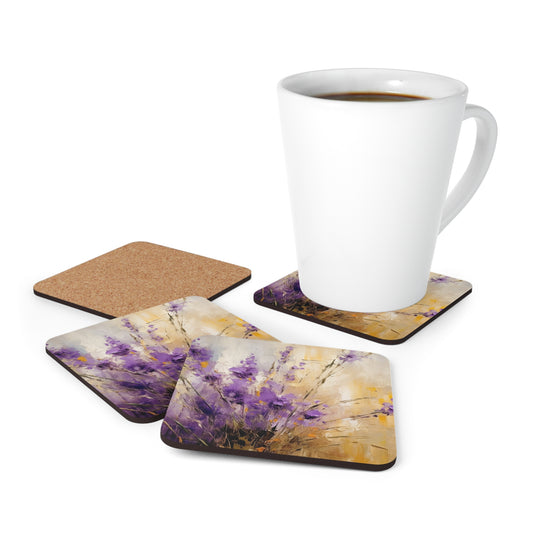 Expressive Lavender Drawing on Corkwood Coaster Set: A Symphony of Colors and Petals