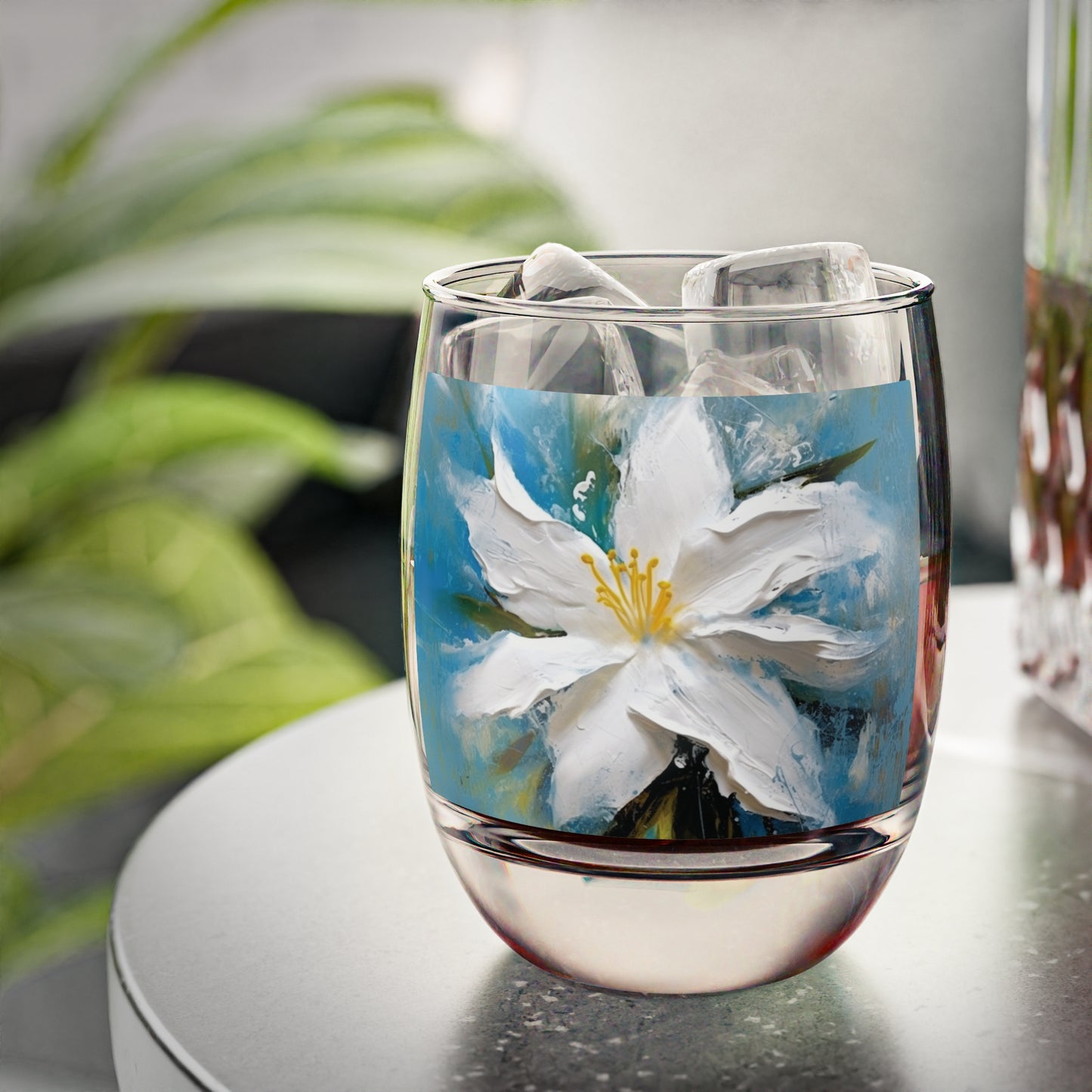 Ethereal Elegance: Whiskey Glass featuring an Abstract Oil Painting of Jasmine