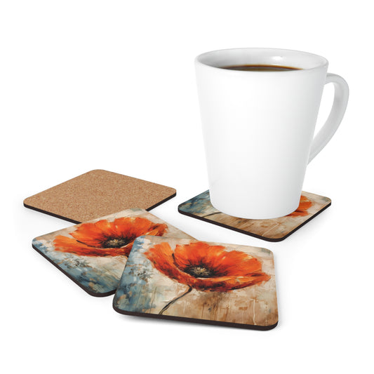 Corkwood Coaster Set with Delicate Poppy Drawings: Embrace the Beauty of Flowers