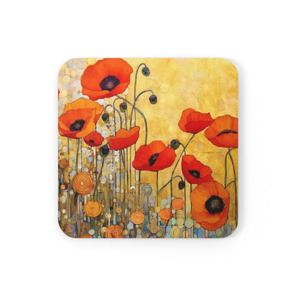 Corkwood Coaster Set Adorned with Gustav Klimt's Poppies