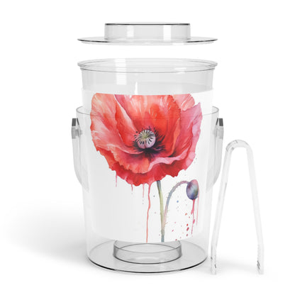 Poppy-Inspired Watercolor Ice Bucket with Tongs: A Delicate Blend of Art