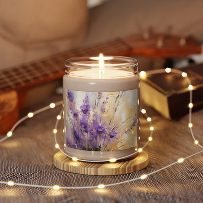 Expressive Lavender Drawing on Scented Soy Candle: A Symphony of Colors and Petals