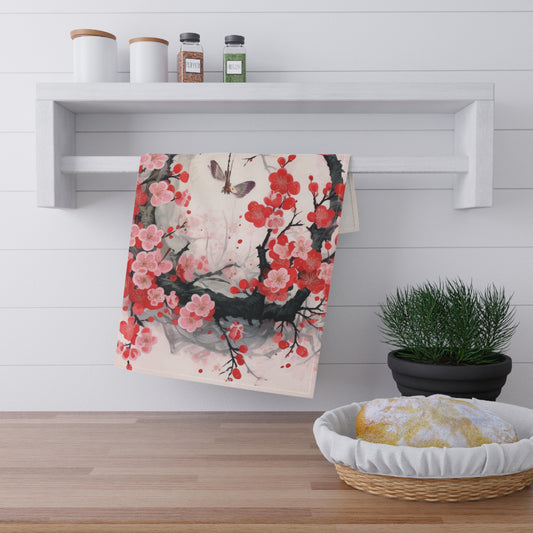 Cherry Blossom Delight: Kitchen Towel Adorned with Intricate Flower Drawings and Artistry