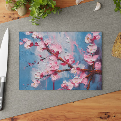 Glass Cutting Board with Abstract Cherry Blossom Drawing: Embrace the Serenity