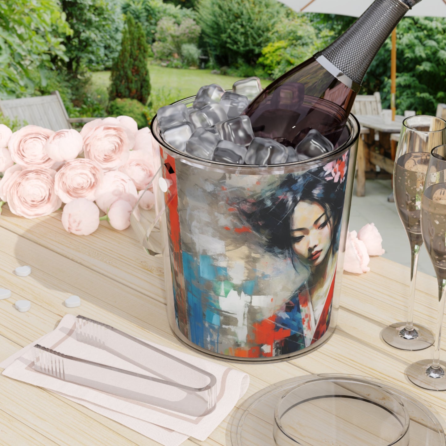 Ice Bucket with Tongs with Geisha Art: Sip in Style with Japanese Artistic Flair