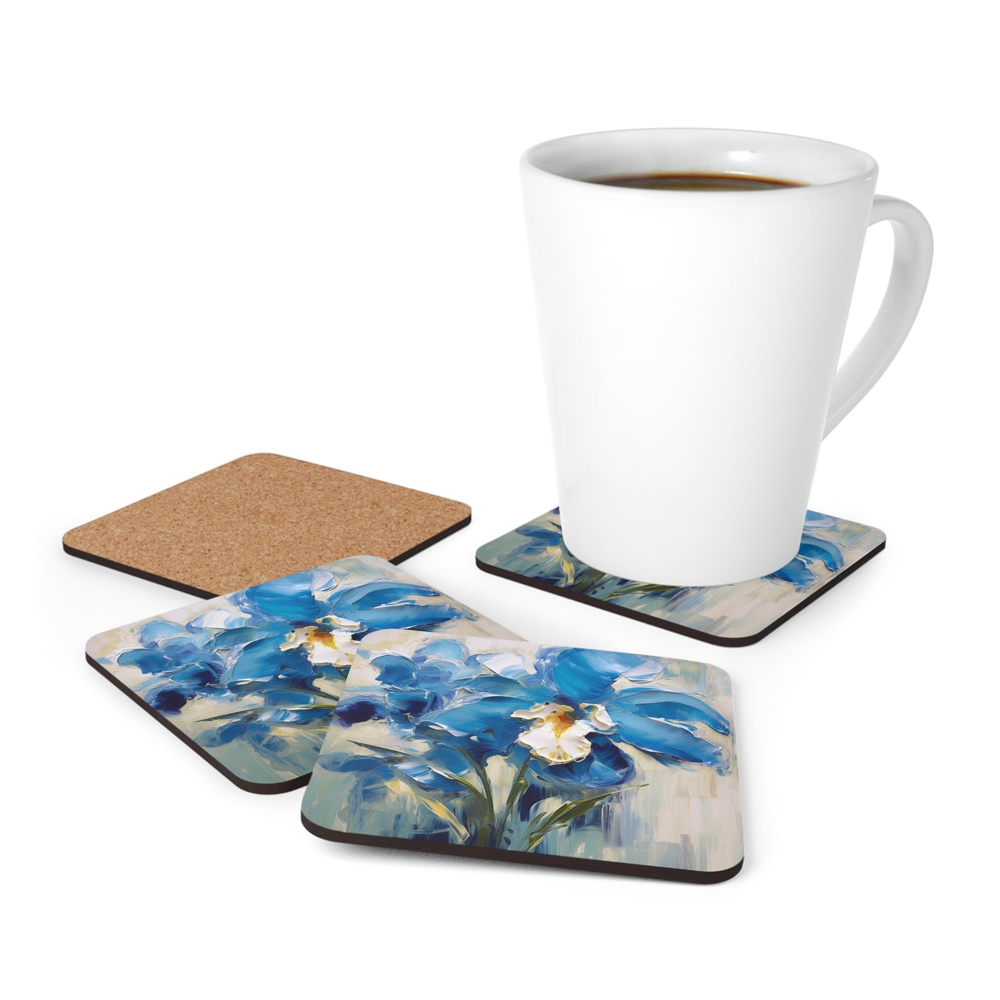 Embrace Artistic Expression with Blue Orchid Abstract Painting Corkwood Coaster Set