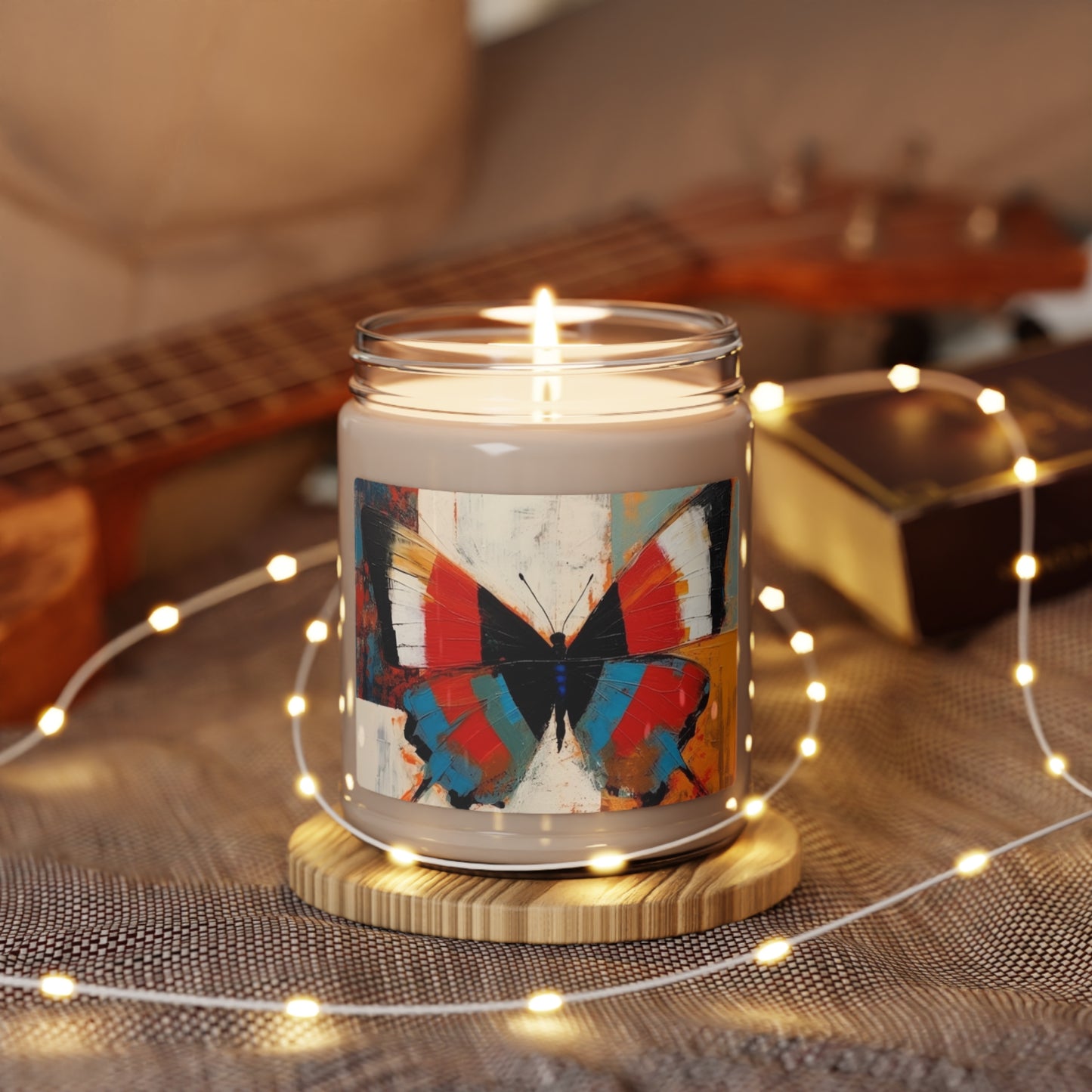 Bauhaus-Inspired Butterfly Symphony: Scented Soy Candle with Vibrant Colors and Intricate Details