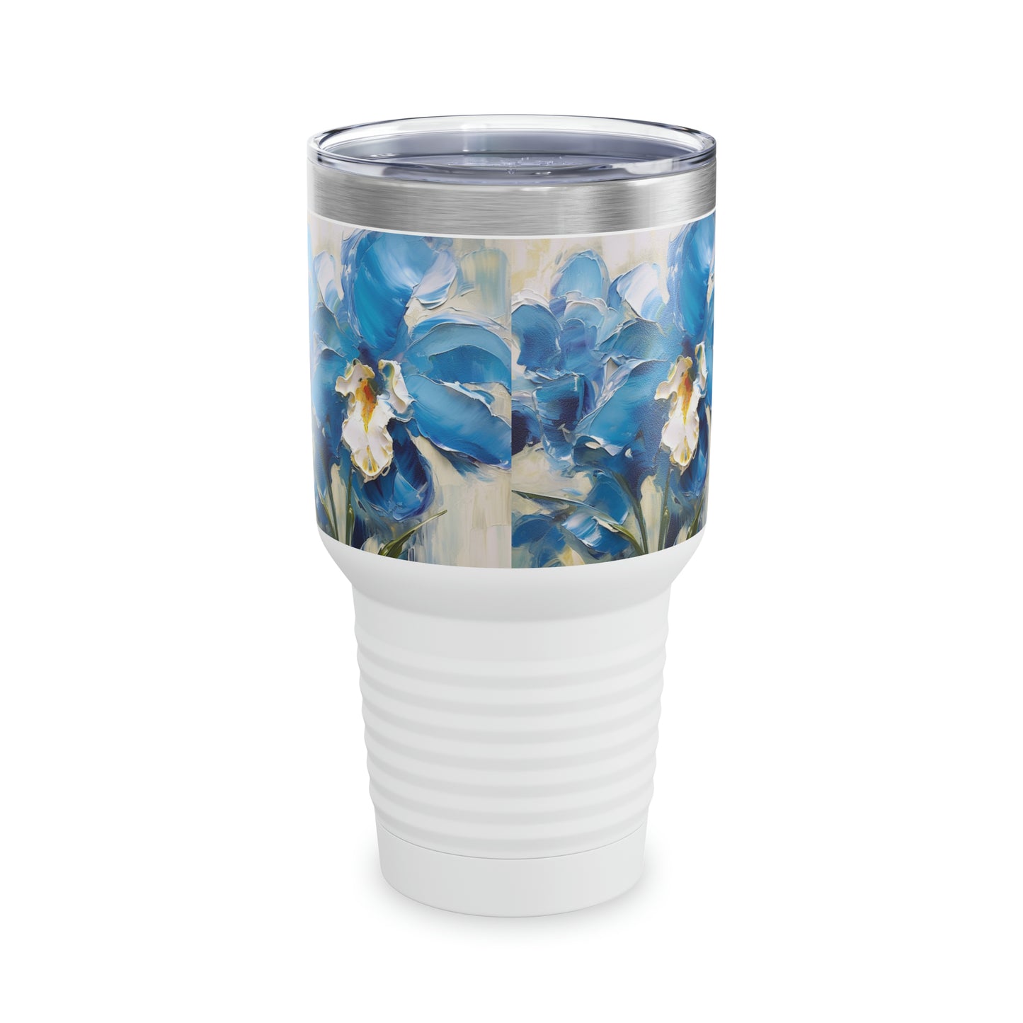 Vibrant Brushwork: Blue Orchid Abstract Painting Ringneck Tumbler, Embrace the Power of Artistic Expression