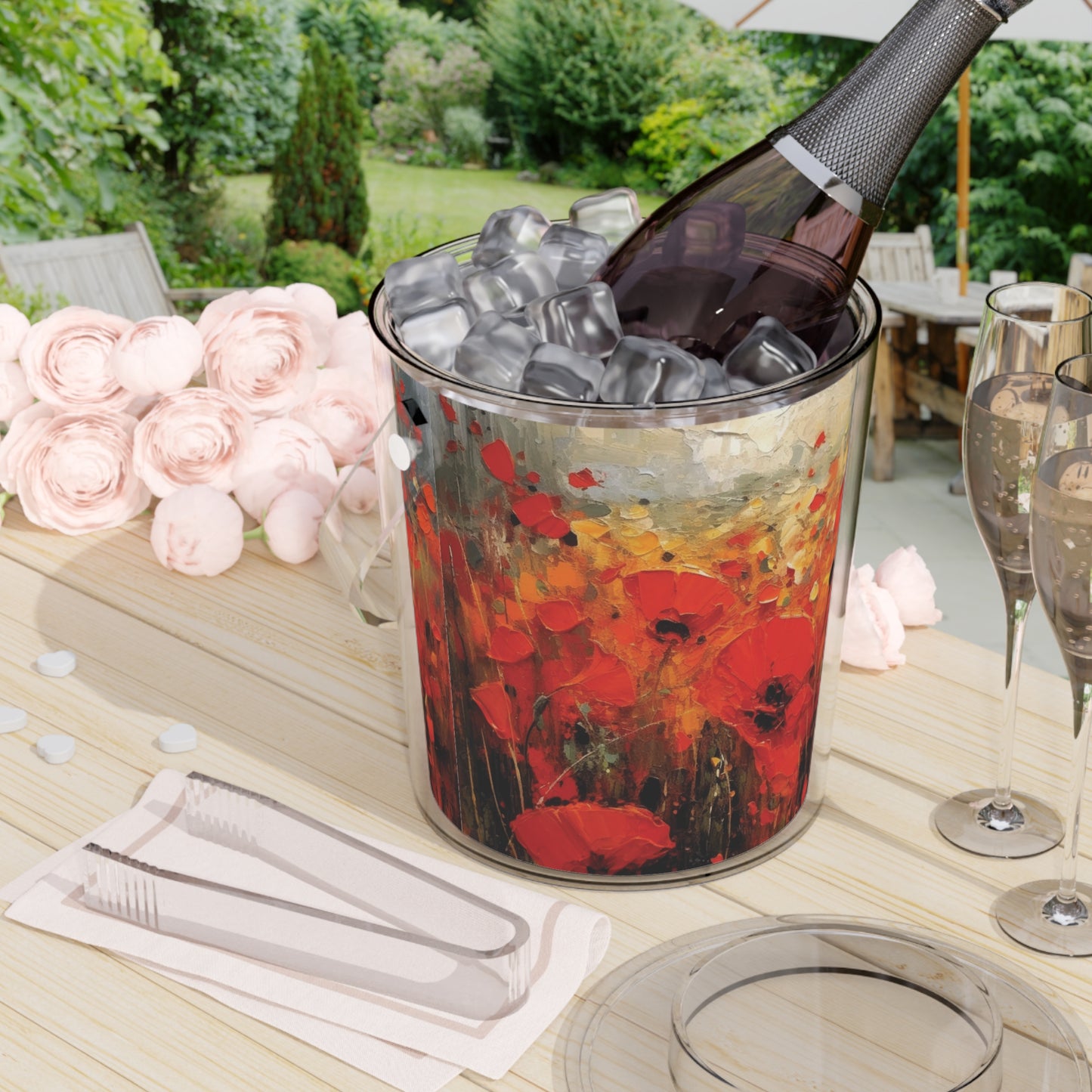 Whimsical Poppy Art on Ice Bucket with Tongs