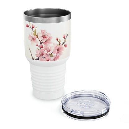 Watercolor Symphony: Ringneck Tumbler with Cherry Blossom Elegance