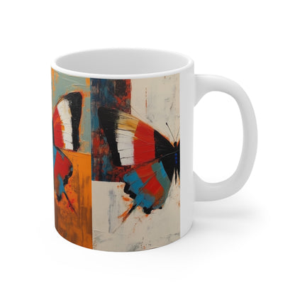 Bauhaus Butterfly Symphony: Ceramic Mug with Vibrant Colors and Intricate Details