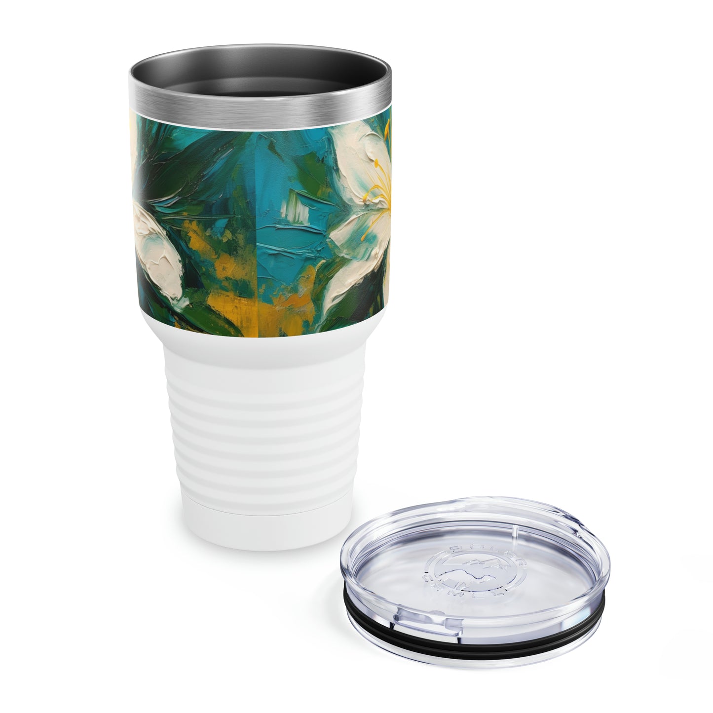 Floral Fusion: Abstract Oil Painting of Jasmine adorning Ringneck Tumbler