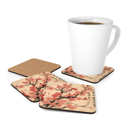 Floral Fusion: Corkwood Coaster Set Merging Cherry Blossom Beauty and Artistic Flower Drawings