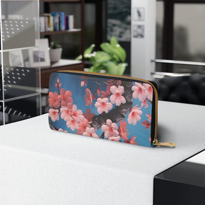 Elegant Floral Impressions: Zipper Wallet Featuring Refined Cherry Blossom Drawings