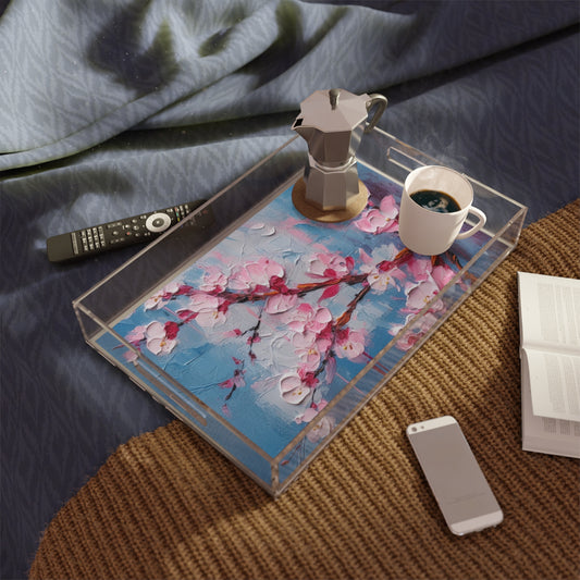 Acrylic Serving Tray with Abstract Cherry Blossom Drawing: Embrace the Serenity