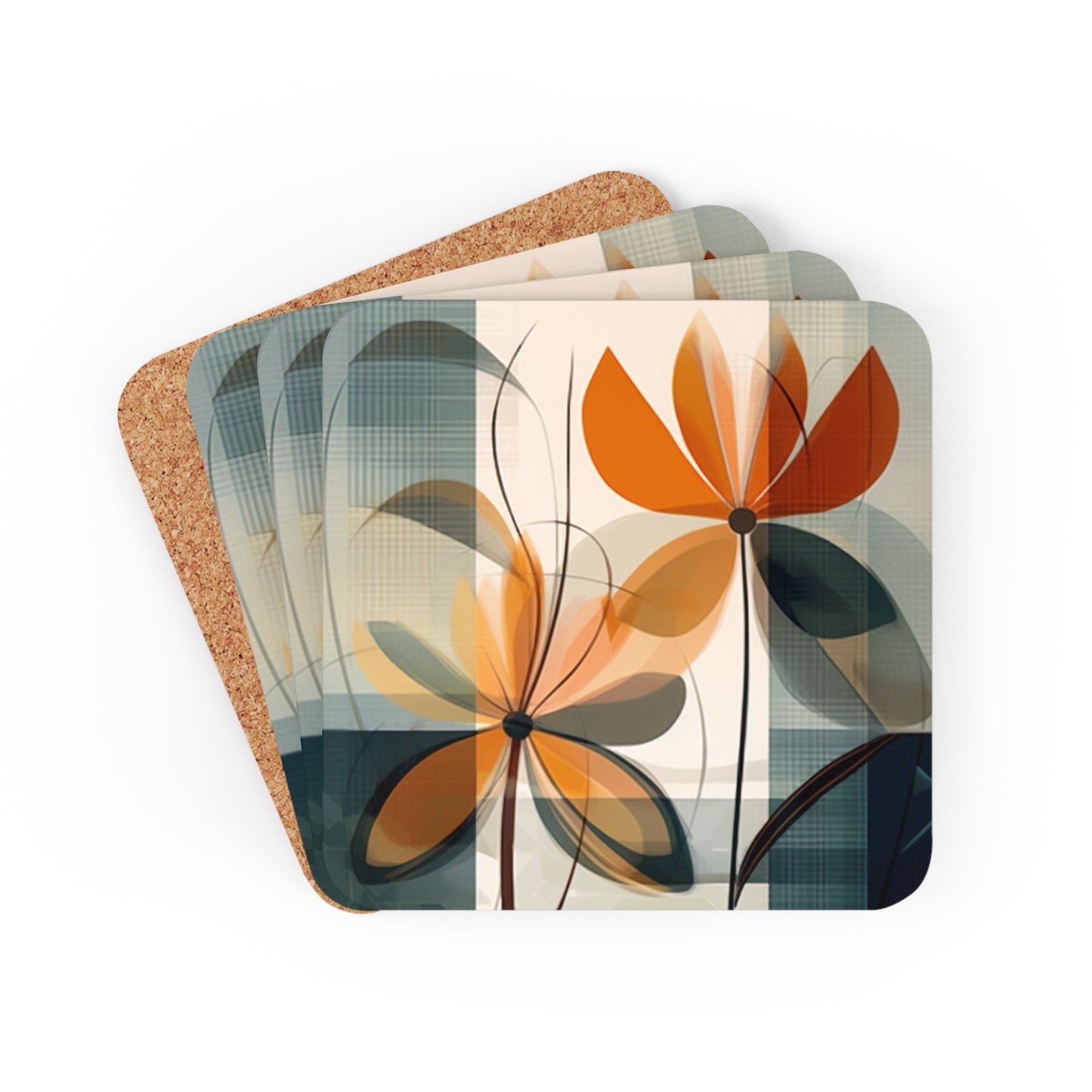 Botanical Chic: Flower Drawings and Minimalist Corkwood Coaster Set Design with Midcentury Flair