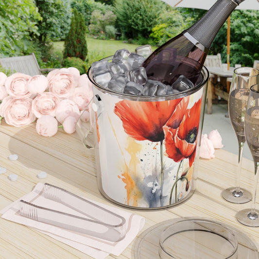 Whimsical Poppy Flower Watercolor Ice Bucket with Tongs: An Artistic Delight