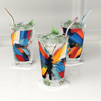 Abstract Pint Glass for Art Lovers: Butterfly-Inspired Delight