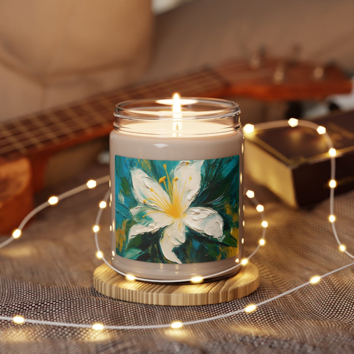 Floral Symphony: Scented Soy Candle featuring an Abstract Oil Painting of Jasmine