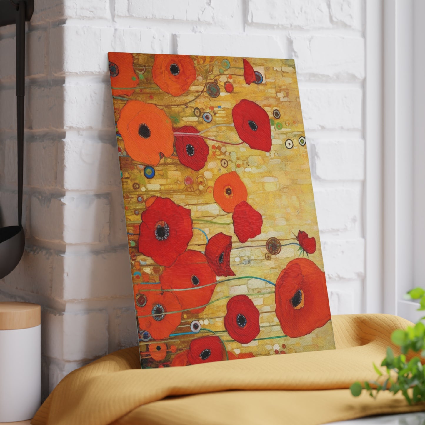 Floral Symphony: Glass Cutting Board showcasing Gustav Klimt's Poppies in Art Nouveau