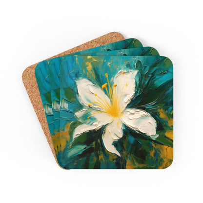 Floral Symphony: Corkwood Coaster Set featuring an Abstract Oil Painting of Jasmine