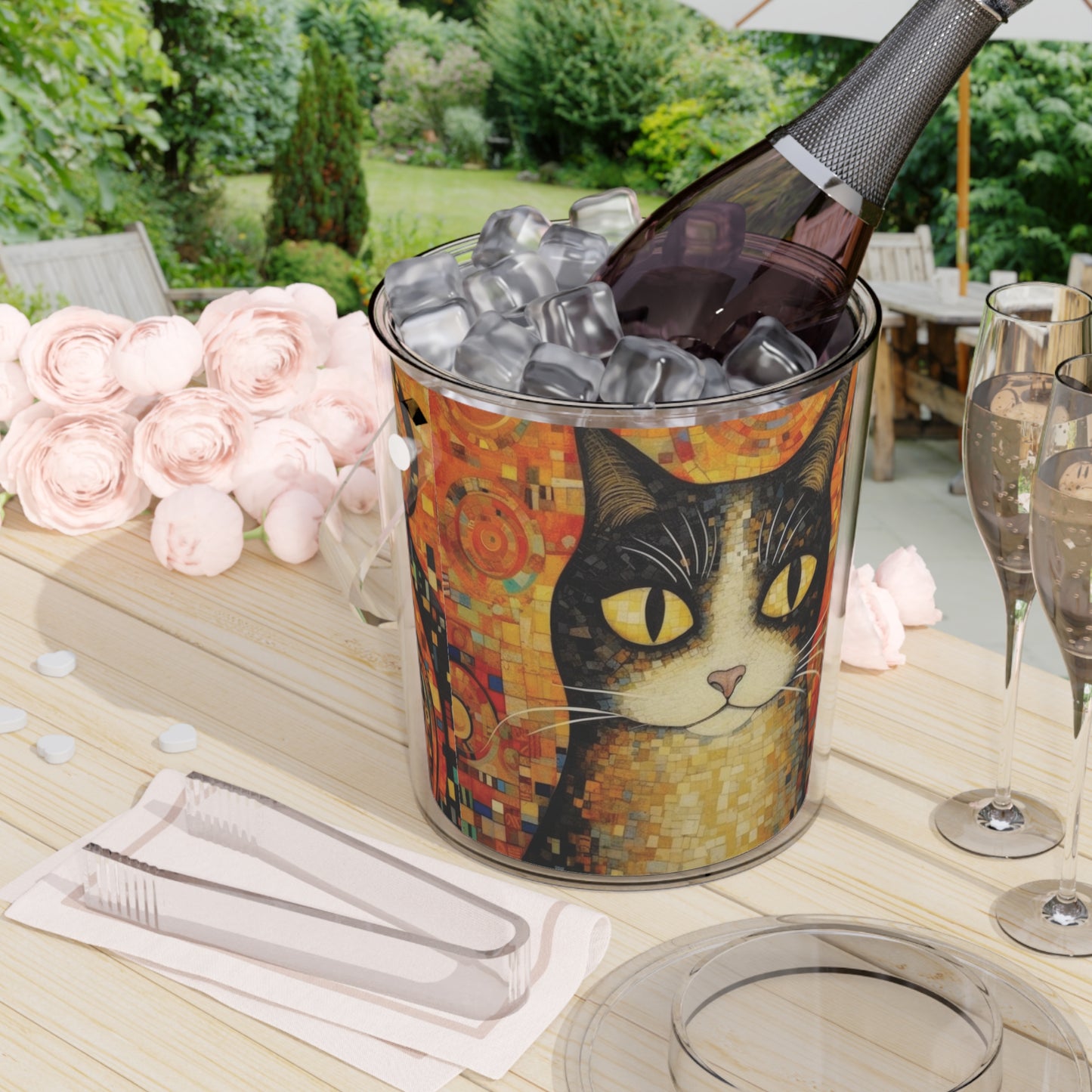 Symbolic Elegance: Gustav Klimt-Inspired Ice Bucket with Tongs