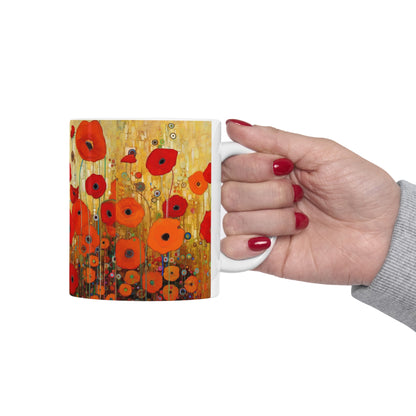 Floral Symphony: Ceramic Mug showcasing Gustav Klimt's Poppies in Art Nouveau