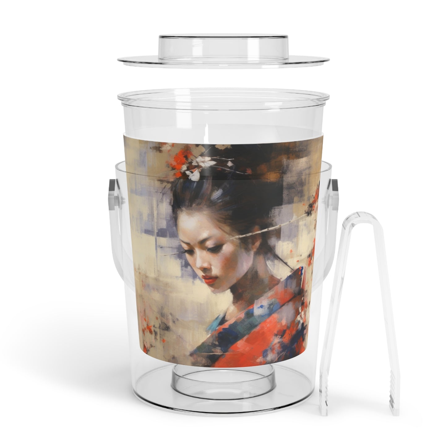 Japanese-Inspired Abstract Oil Painting Ice Bucket with Tongs: Celebrating Geisha Beauty