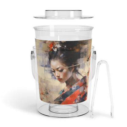 Japanese-Inspired Abstract Oil Painting Ice Bucket with Tongs: Celebrating Geisha Beauty