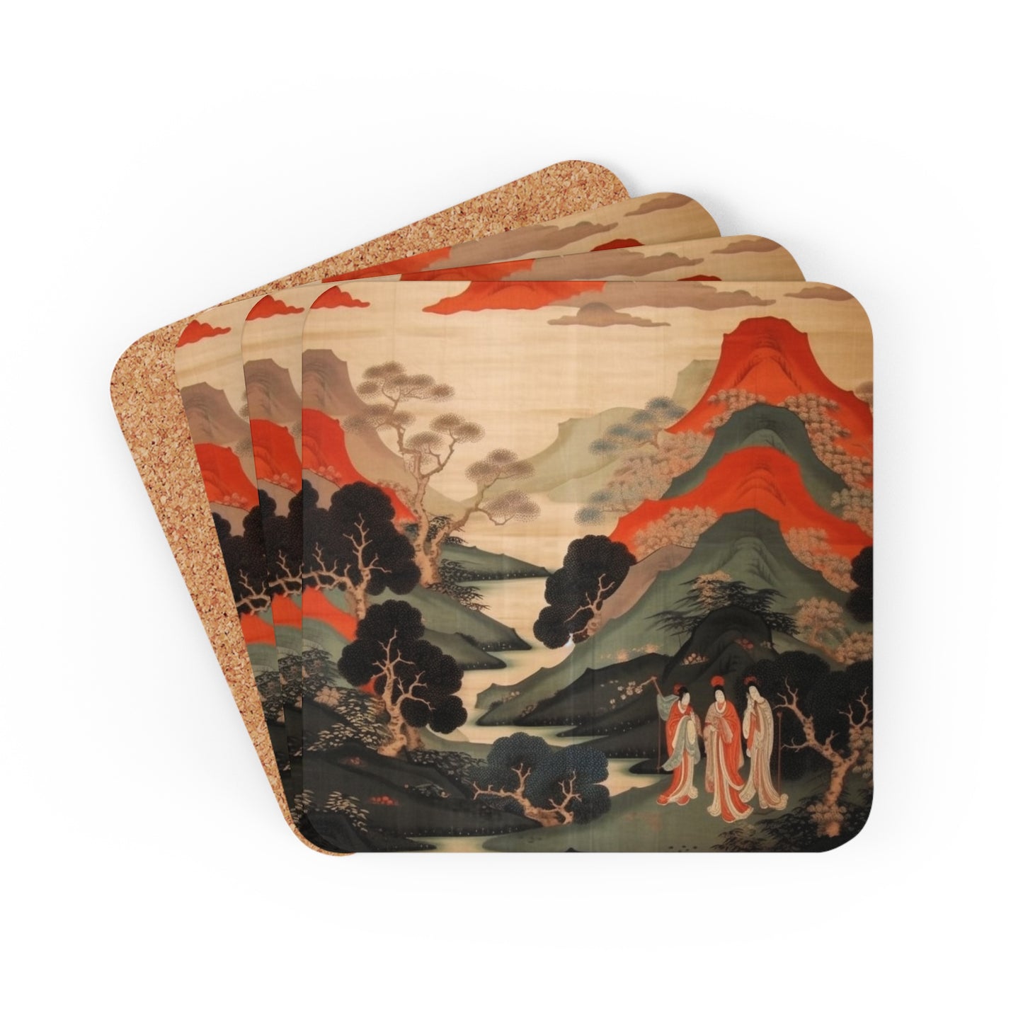 Custom Japanese Tapestry on a Corkwood Coaster Set - Unique Artistic Expression